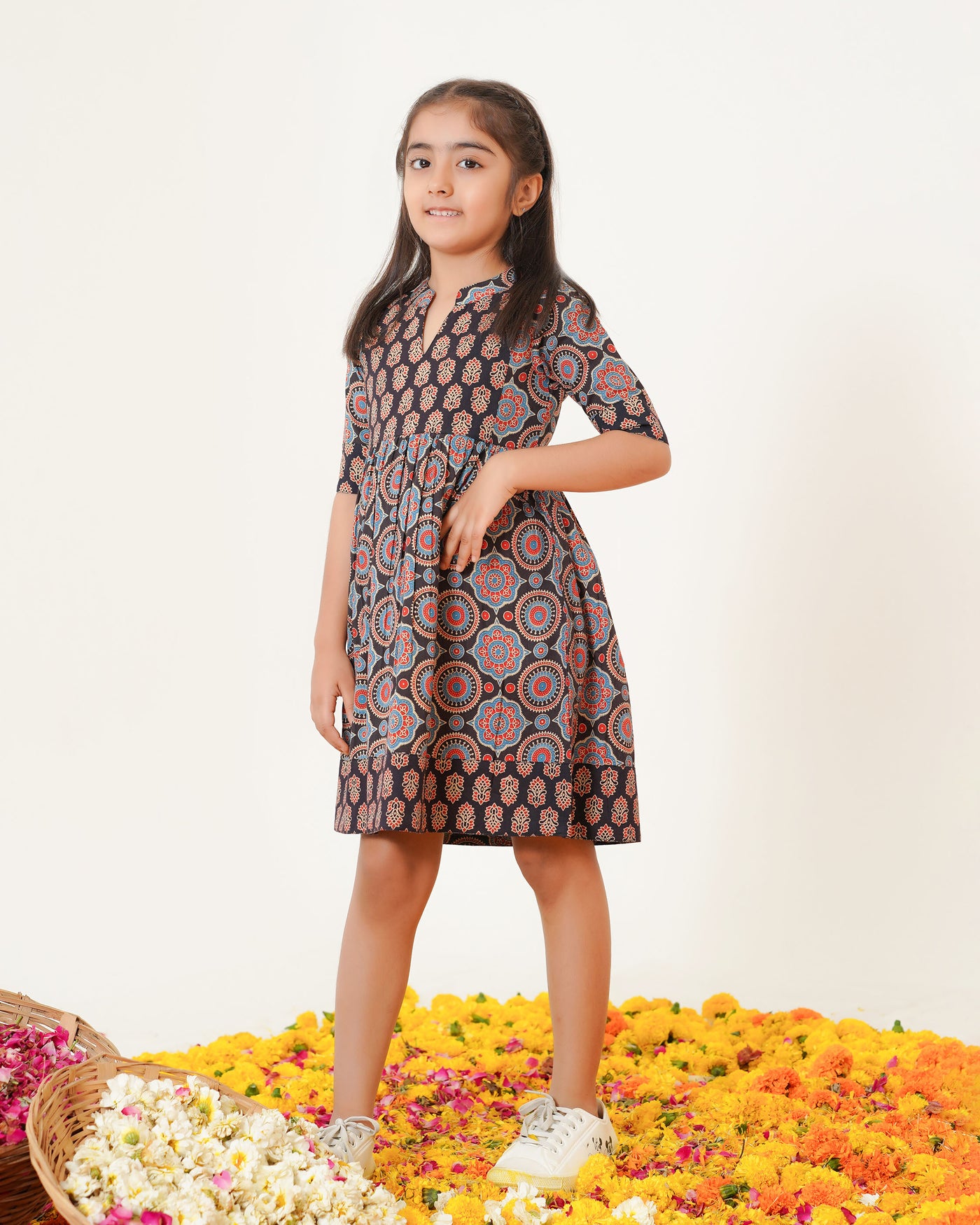 'Bits of Black Ajrakh' Mom and Daughter Cotton Dresses