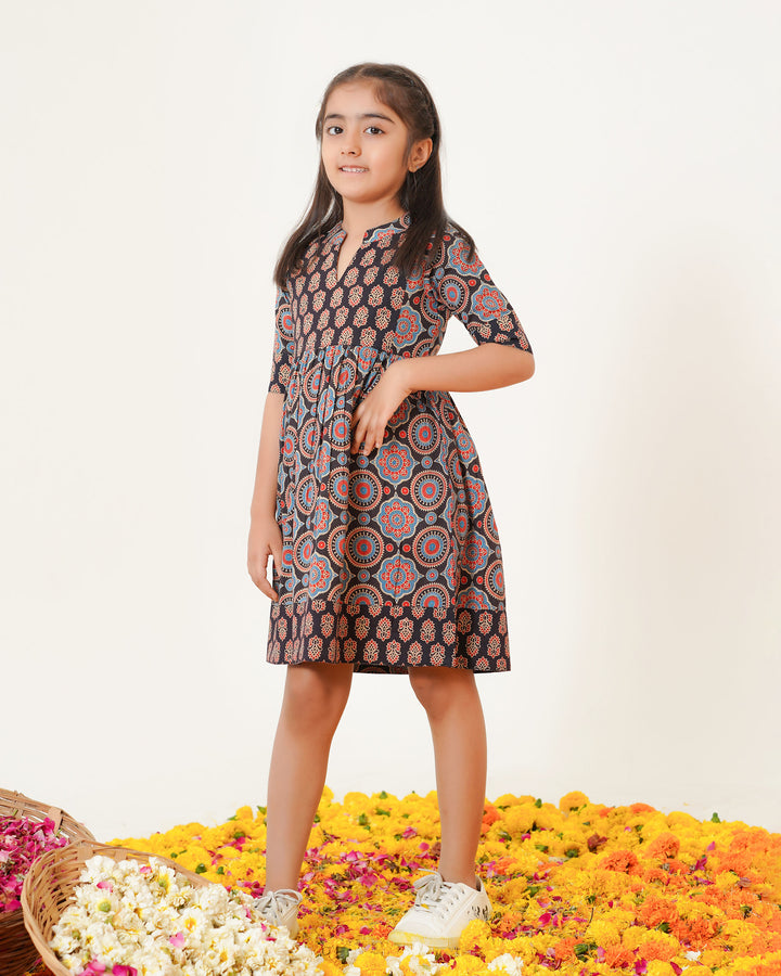 'Bits of Black Ajrakh' Girl's Cotton Dress