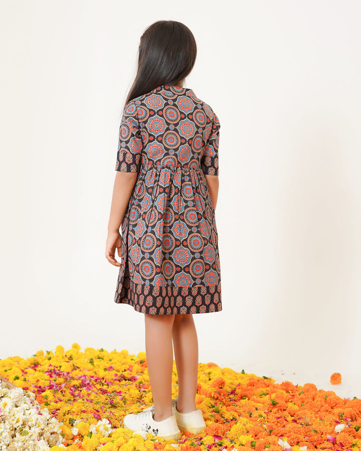 'Bits of Black Ajrakh' Girl's Cotton Dress