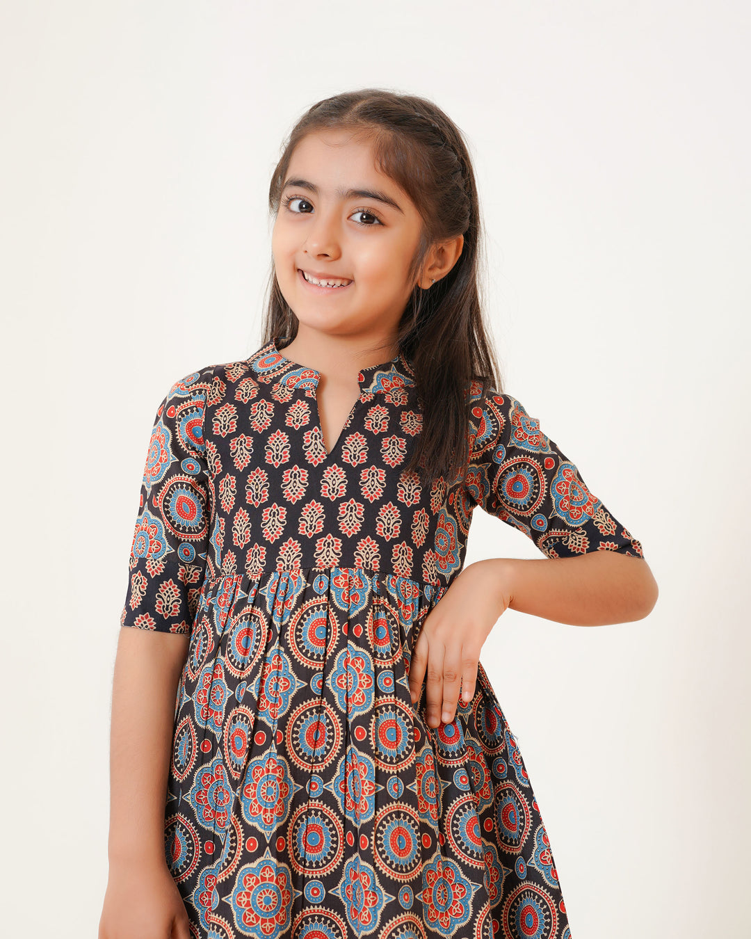 'Bits of Black Ajrakh' Mom and Daughter Cotton Dresses