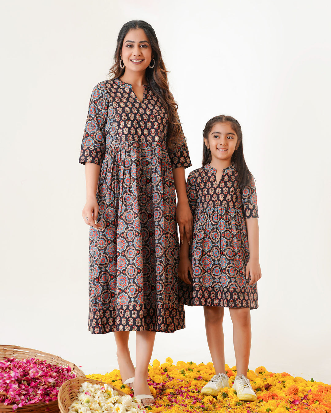 'Bits of Black Ajrakh' Mom and Daughter Cotton Dresses