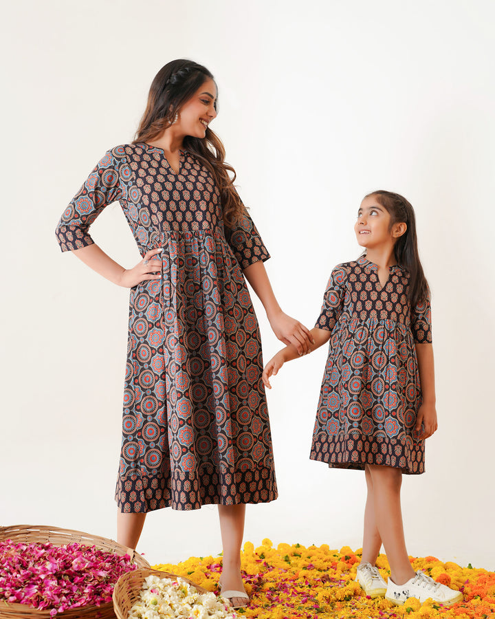'Bits of Black Ajrakh' Mom and Daughter Cotton Dresses