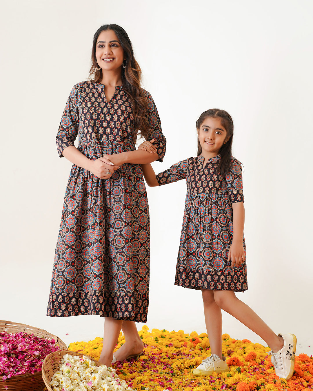 'Bits of Black Ajrakh' Mom and Daughter Cotton Dresses