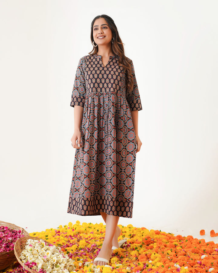'Bits of Black Ajrakh' Cotton Midi Dress with Pockets