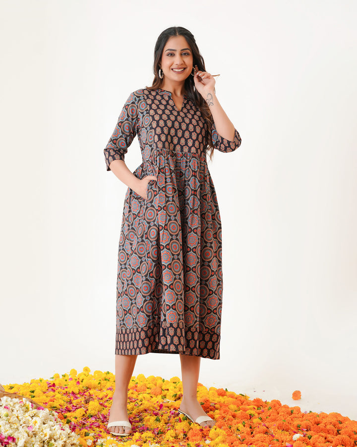 'Bits of Black Ajrakh' Mom and Daughter Cotton Dresses