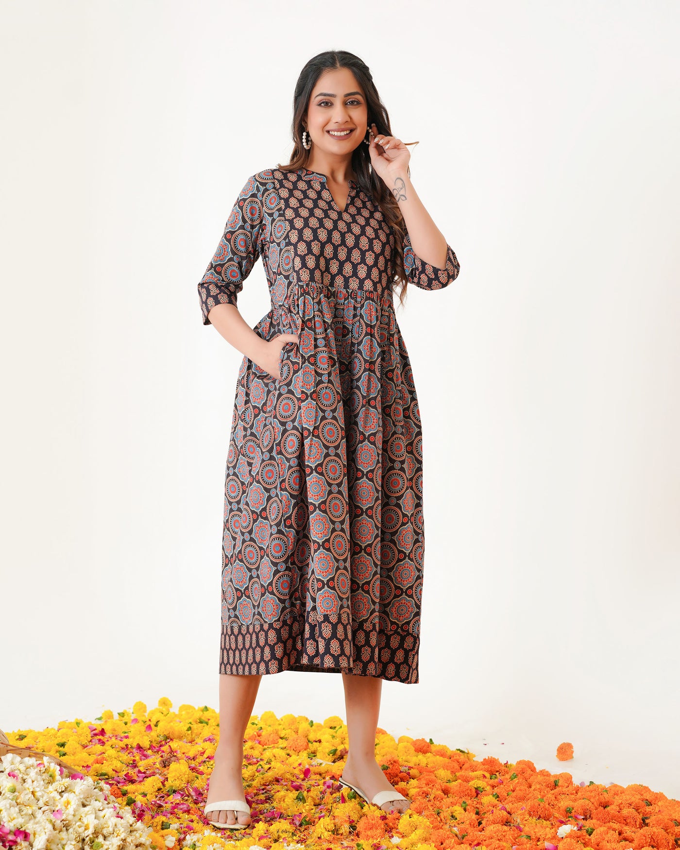 'Bits of Black Ajrakh' Cotton Midi Dress with Pockets