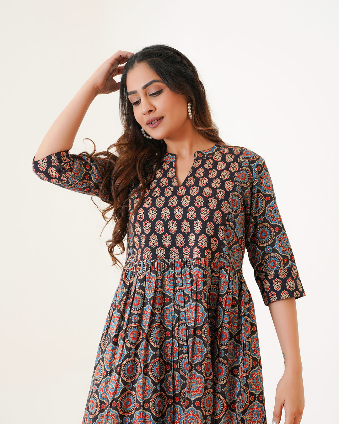 'Bits of Black Ajrakh' Cotton Midi Dress with Pockets