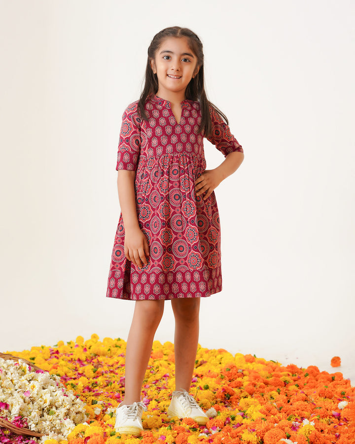 'Bits of Maroon Ajrakh' Girl's Cotton Dress