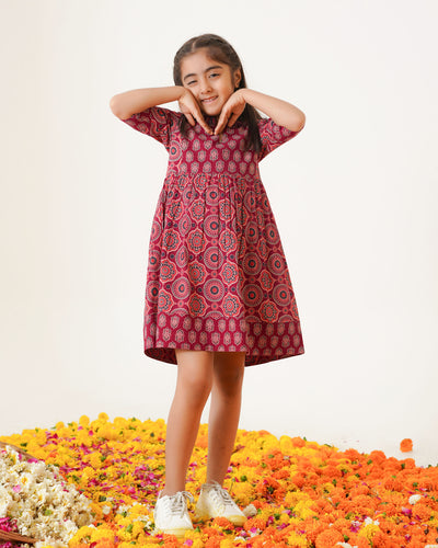 'Bits of Maroon Ajrakh' Girl's Cotton Dress