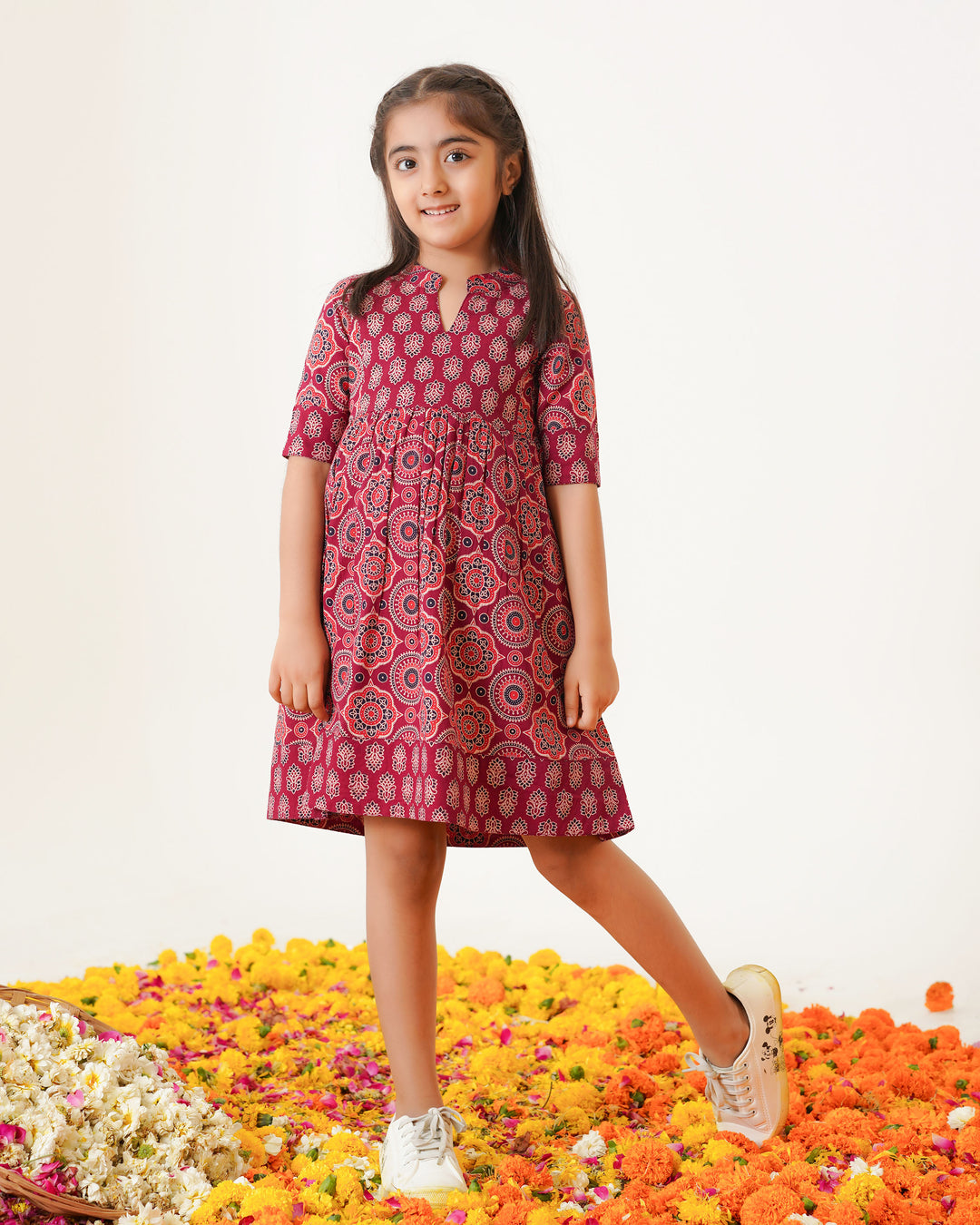 'Bits of Maroon Ajrakh' Girl's Cotton Dress