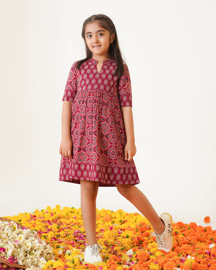 'Bits of Maroon Ajrakh' Girl's Cotton Dress