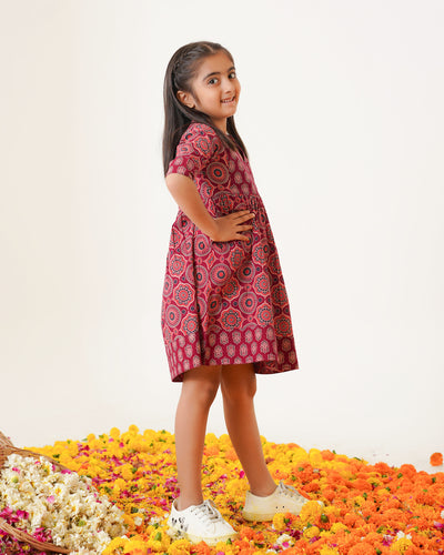 'Bits of Maroon Ajrakh' Girl's Cotton Dress