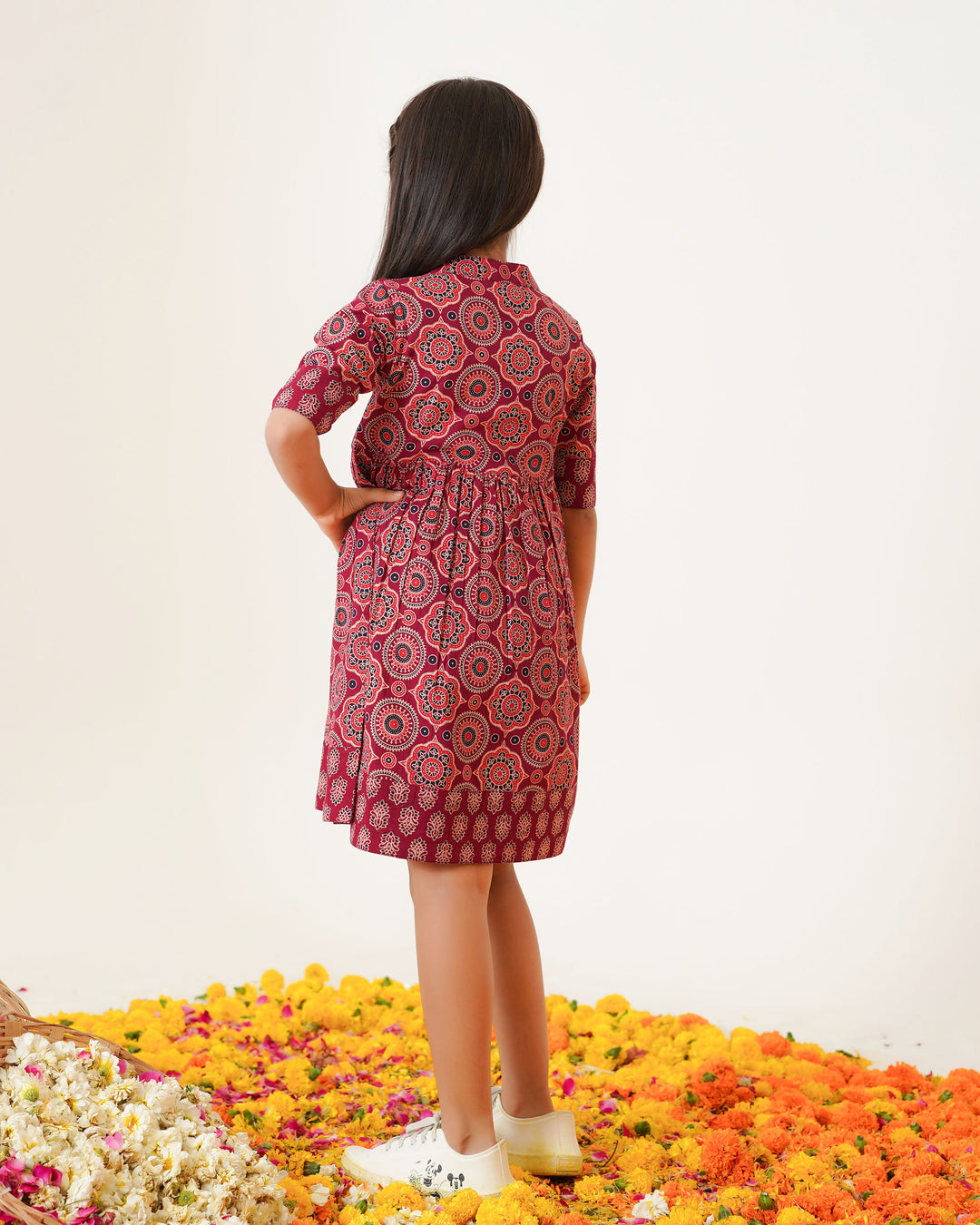 'Bits of Maroon Ajrakh' Girl's Cotton Dress