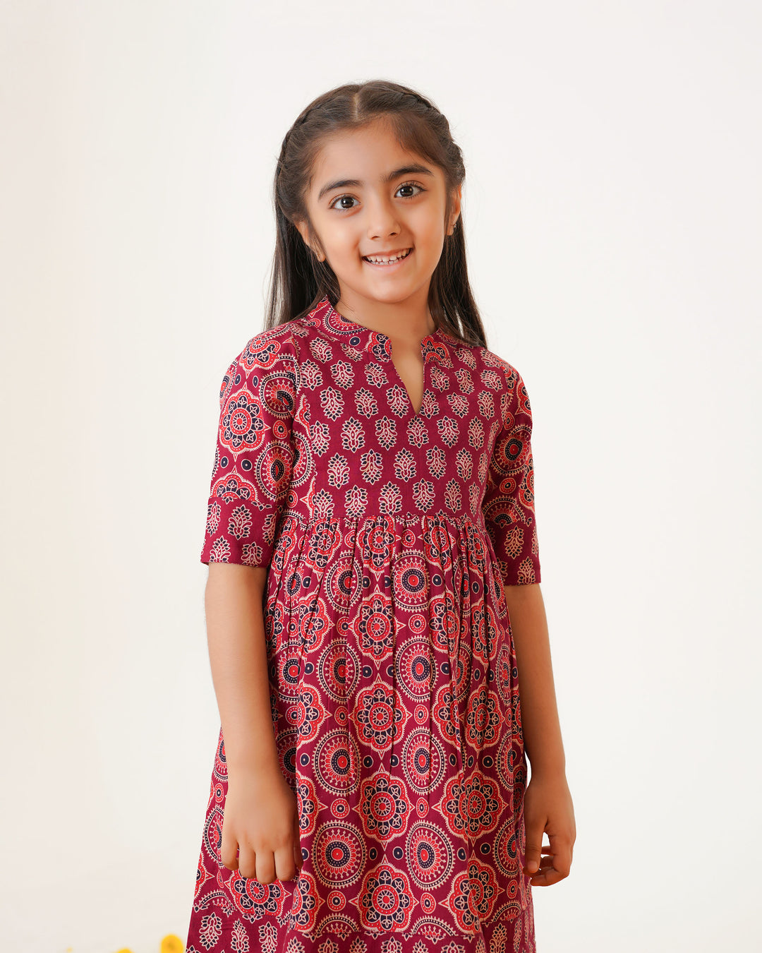 'Bits of Maroon Ajrakh' Mom and Daughter Cotton Dresses