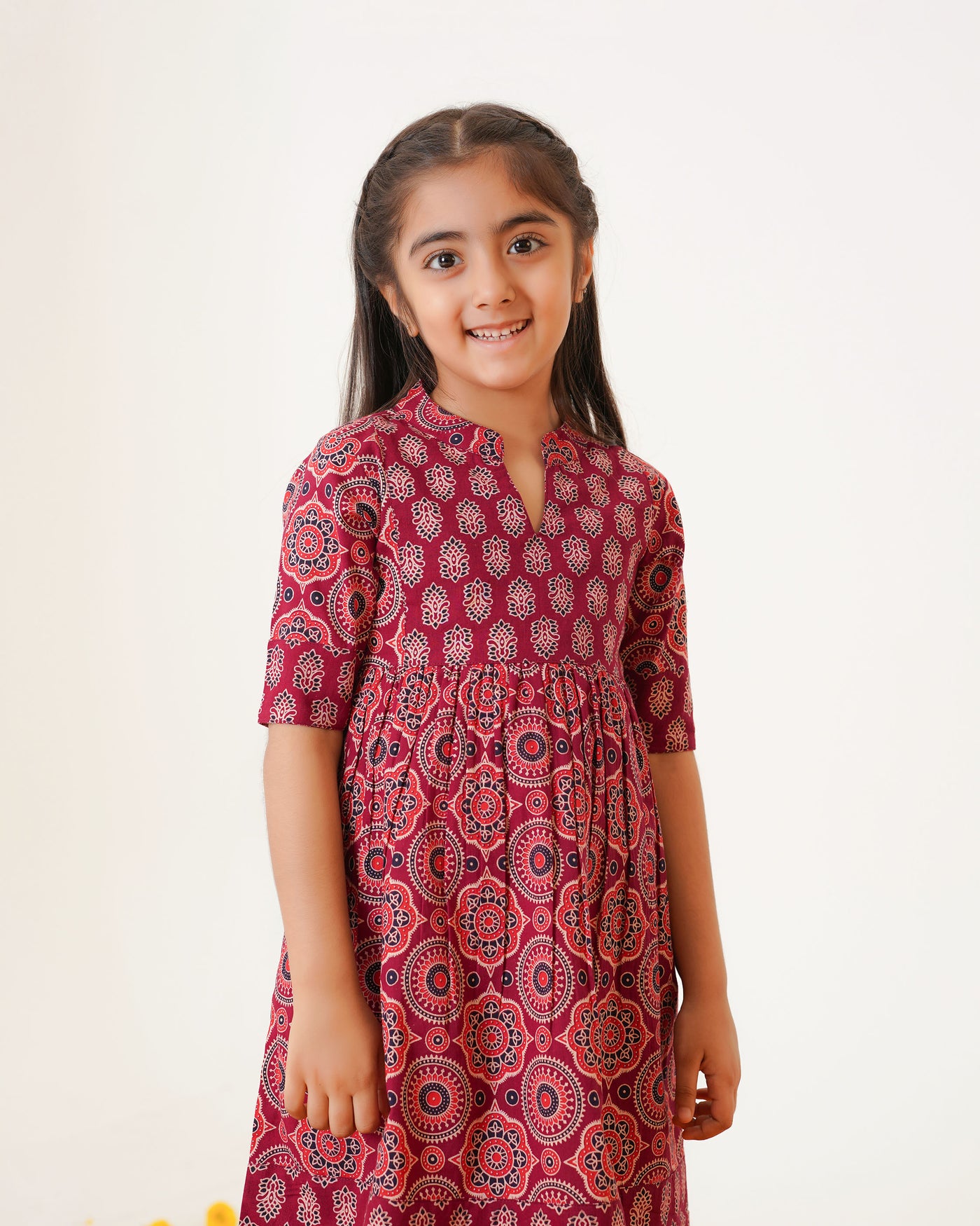 'Bits of Maroon Ajrakh' Girl's Cotton Dress