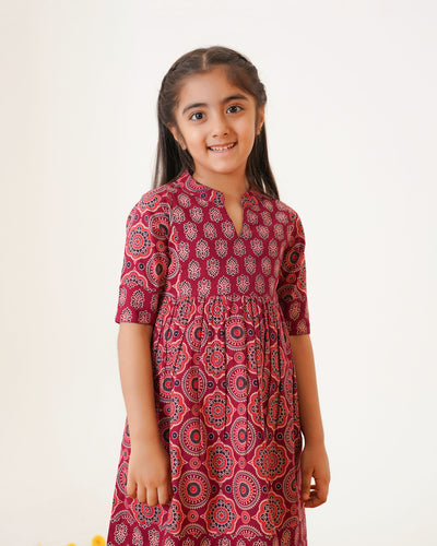 'Bits of Maroon Ajrakh' Girl's Cotton Dress