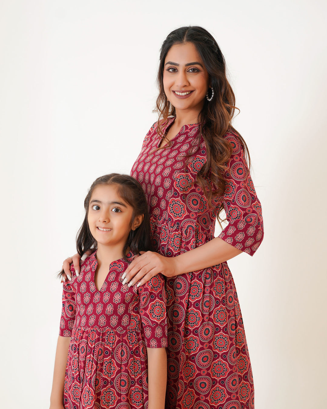 'Bits of Maroon Ajrakh' Mom and Daughter Cotton Dresses