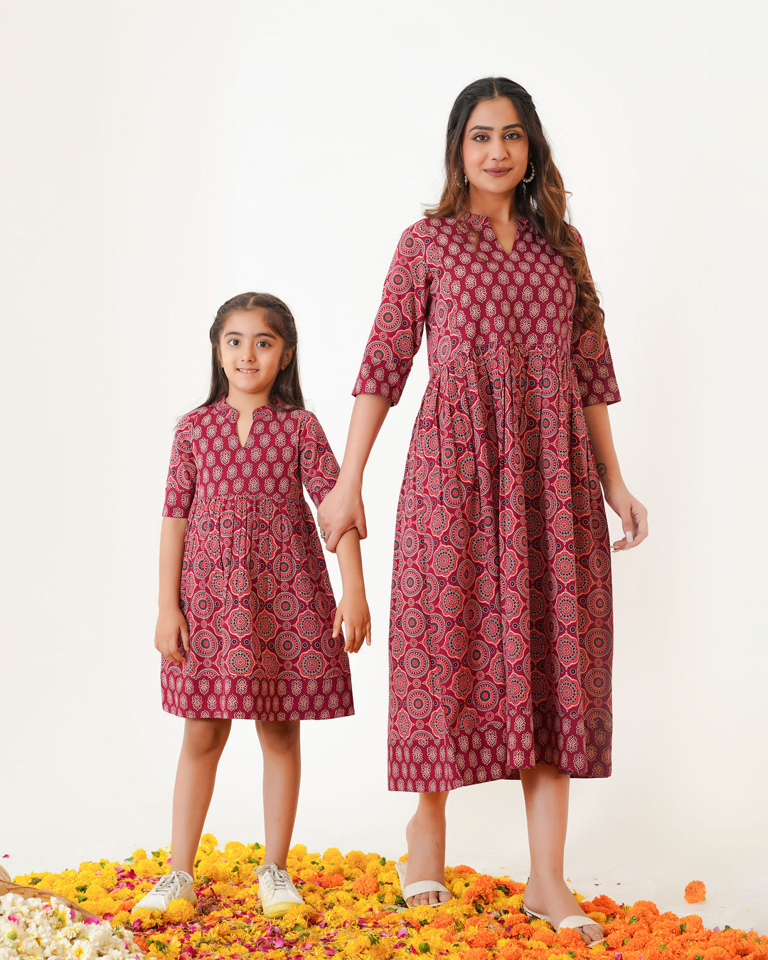 'Bits of Maroon Ajrakh' Mom and Daughter Cotton Dresses