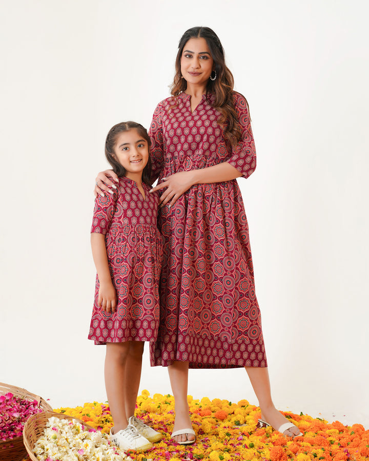 'Bits of Maroon Ajrakh' Mom and Daughter Cotton Dresses