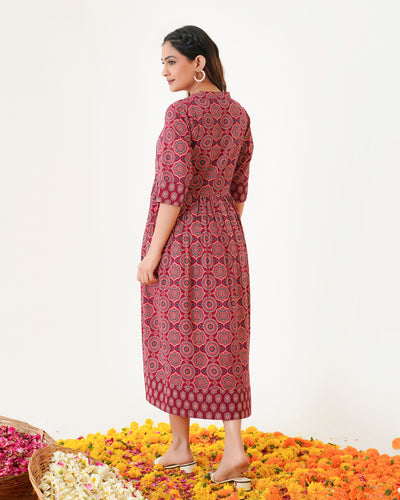 'Bits of Maroon Ajrakh' Cotton Midi Dress with Pockets