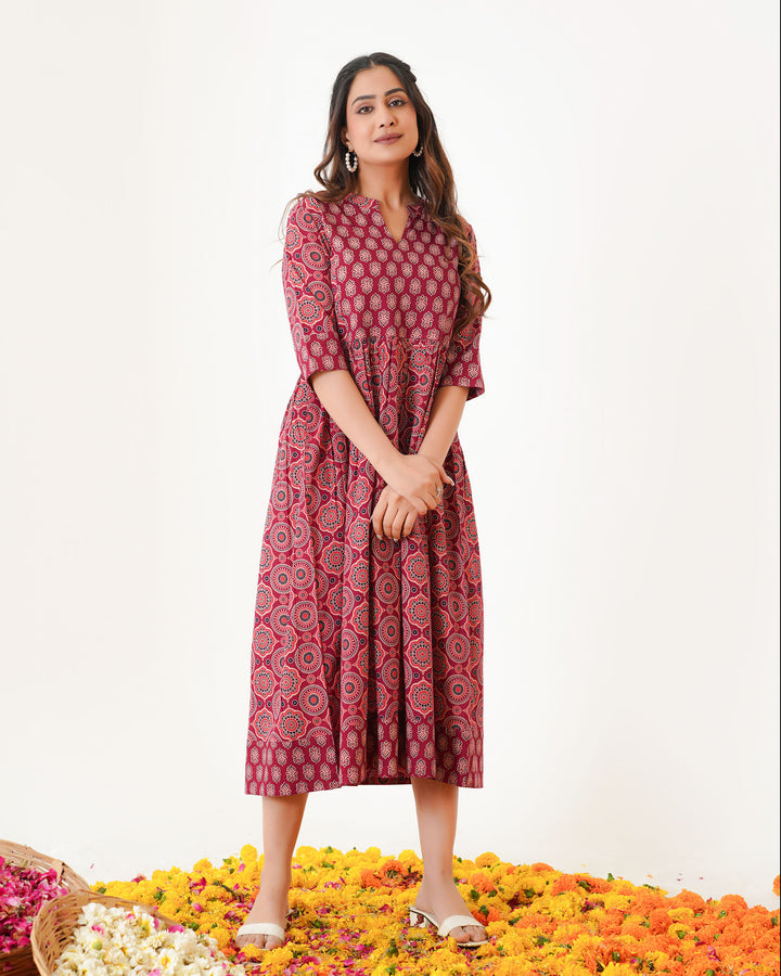 'Bits of Maroon Ajrakh' Cotton Midi Dress with Pockets