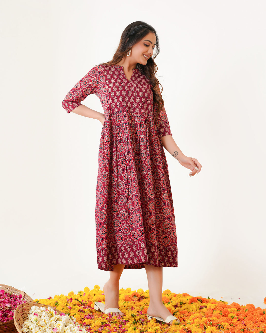'Bits of Maroon Ajrakh' Cotton Midi Dress with Pockets