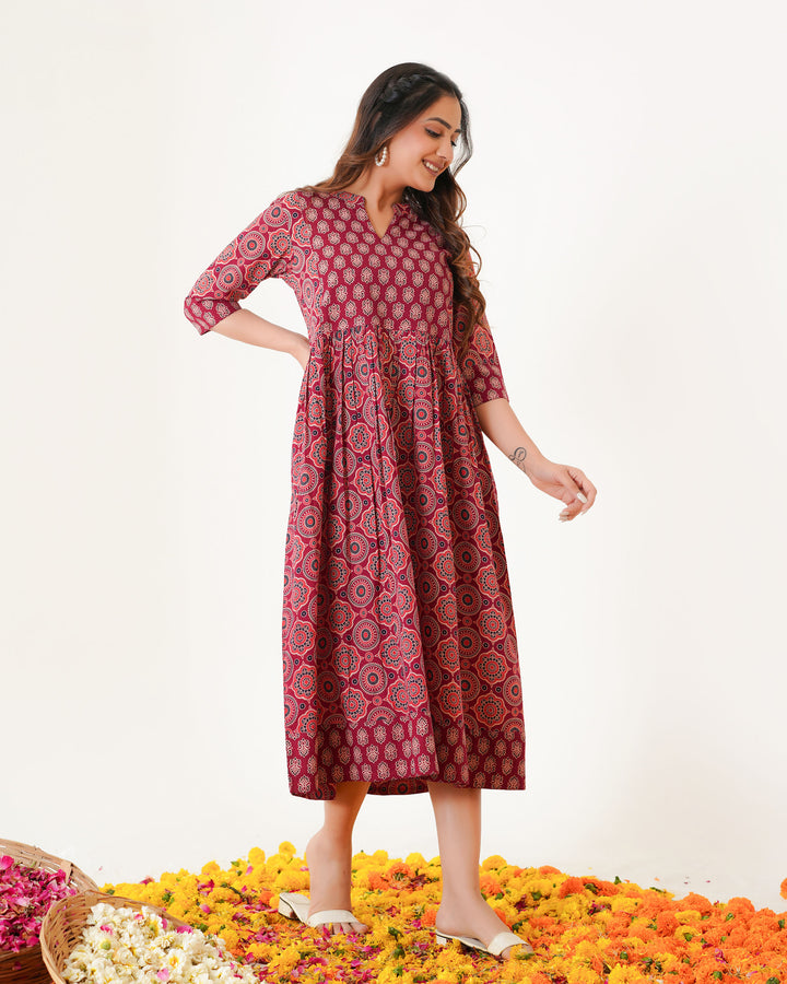 'Bits of Maroon Ajrakh' Cotton Midi Dress with Pockets