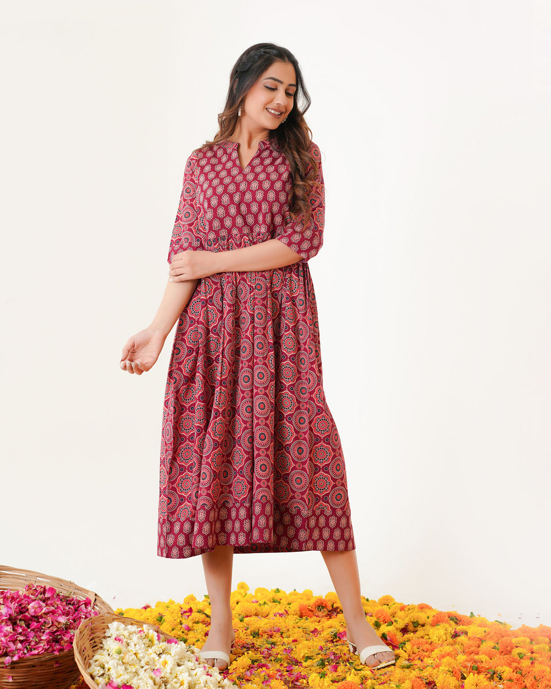 'Bits of Maroon Ajrakh' Cotton Midi Dress with Pockets