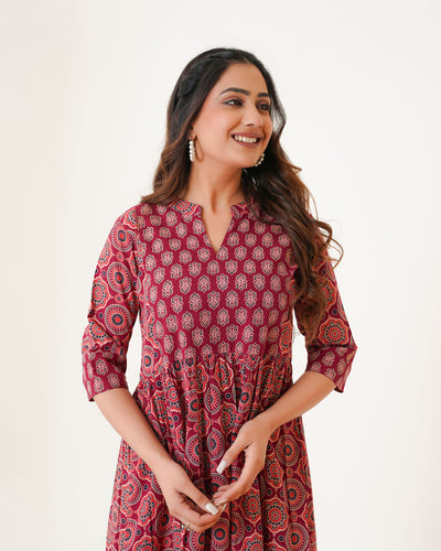 'Bits of Maroon Ajrakh' Cotton Midi Dress with Pockets