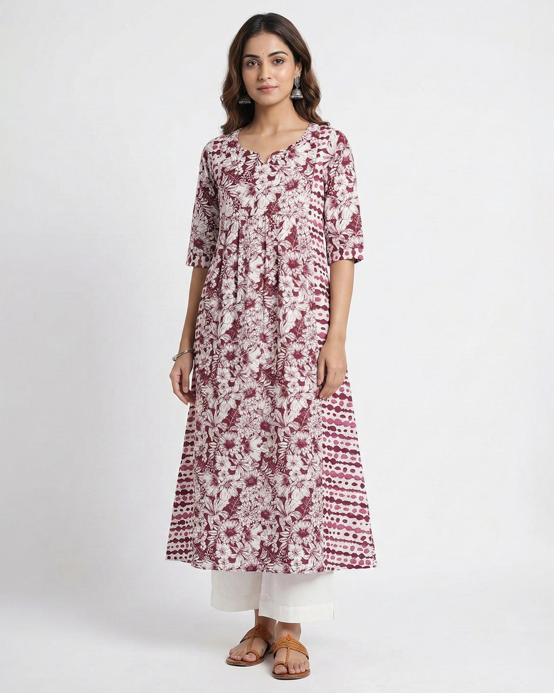 Maroon Floral Print Pure Cotton Kurta