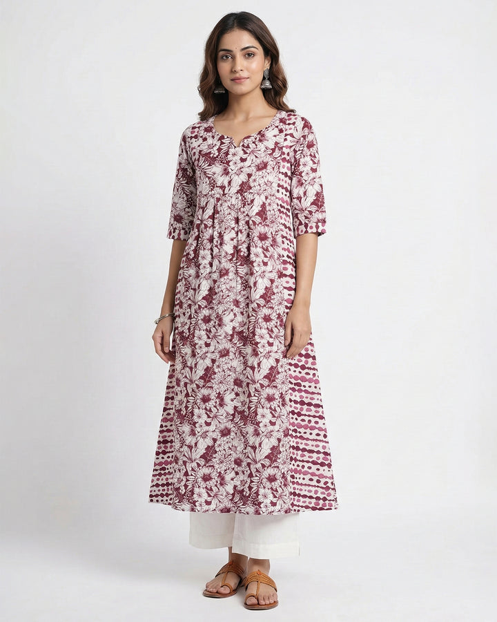 Maroon Floral Print Pure Cotton Kurta
