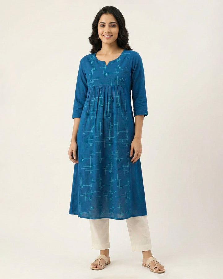 Teal Embroidered Pure Cotton Kurta