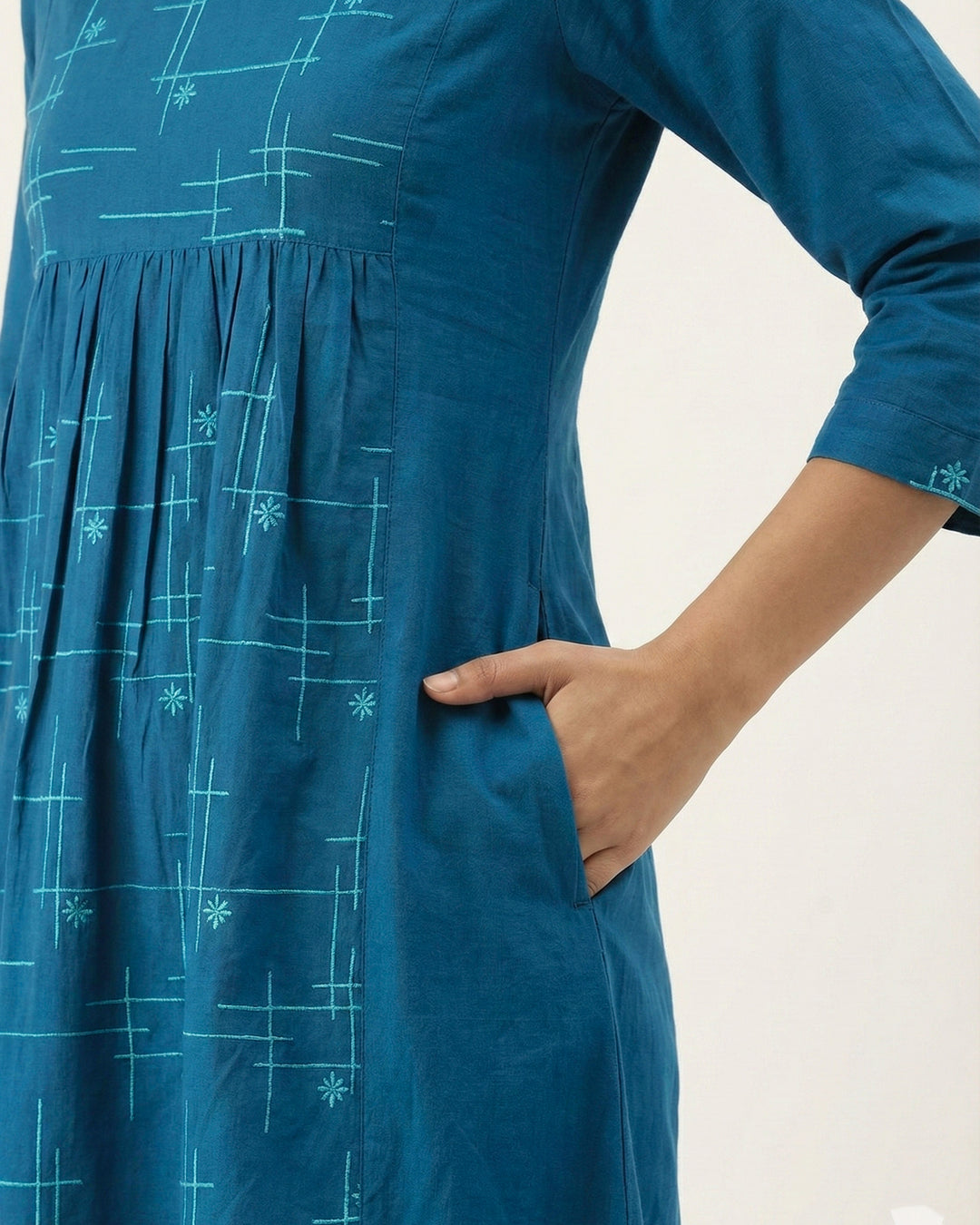 Teal Embroidered Pure Cotton Kurta