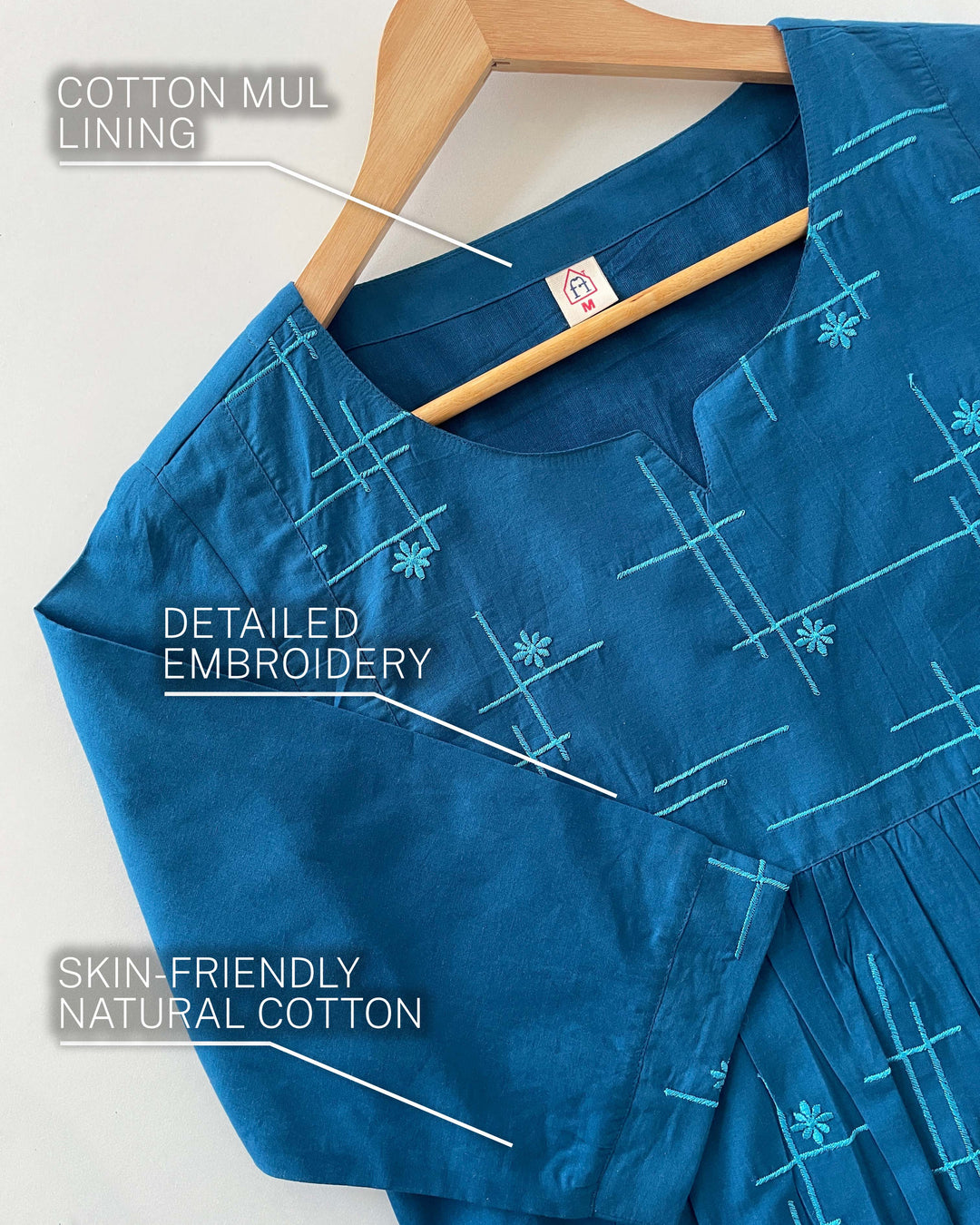 Teal Embroidered Pure Cotton Kurta