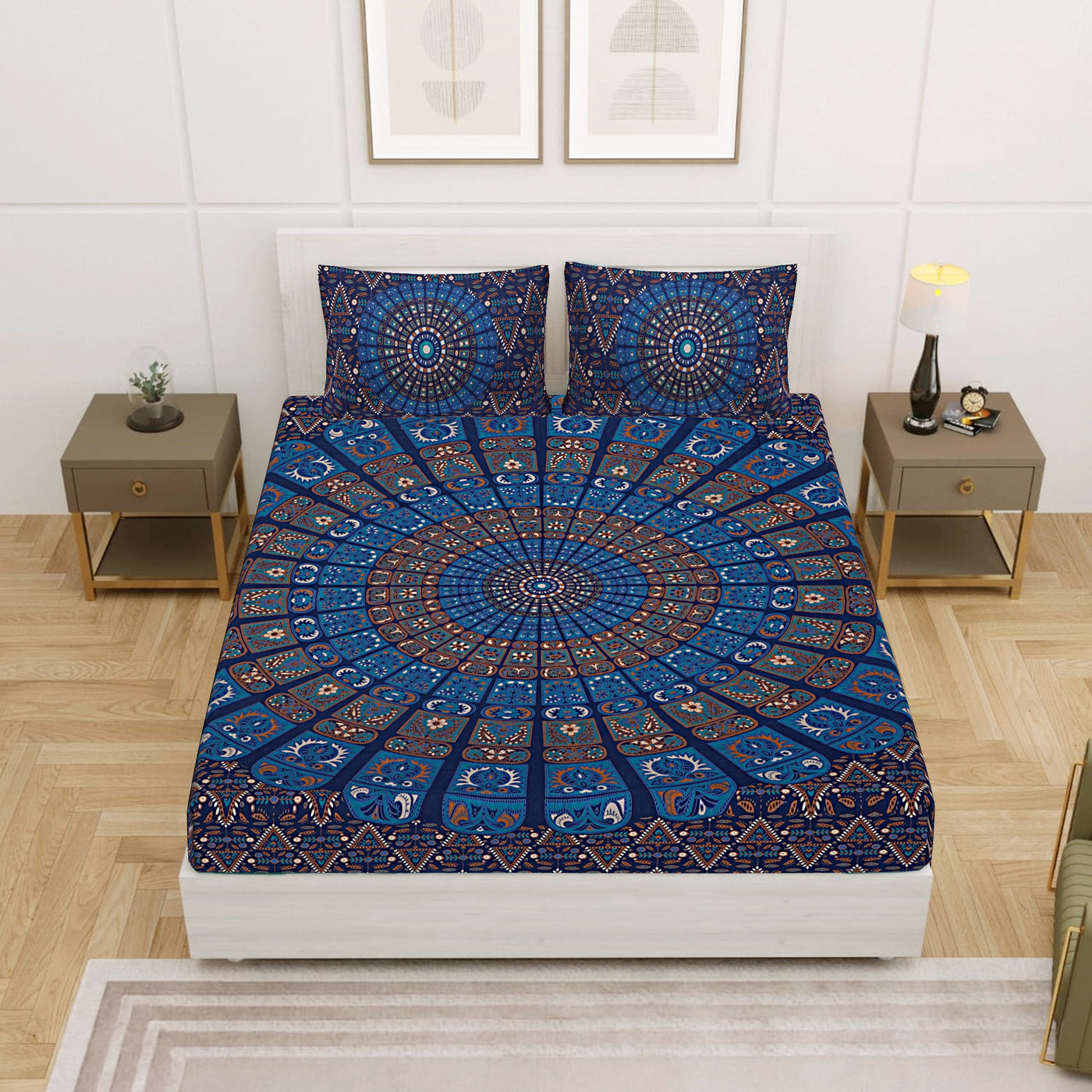 Blue Cotton Mandala Bedsheet for Double Bed with 2 Pillow Covers