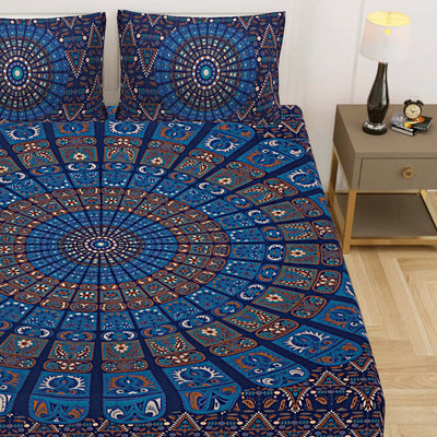 Blue Cotton Mandala Bedsheet for Double Bed with 2 Pillow Covers