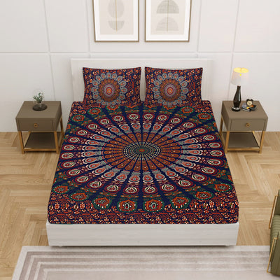 Multicolor Cotton Mandala Bedsheet for Double Bed with 2 Pillow Covers
