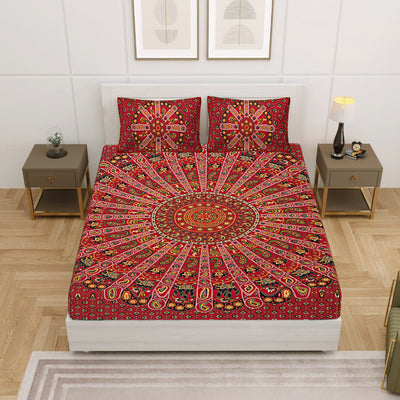 Red Cotton Mandala Bedsheet for Double Bed with 2 Pillow Covers