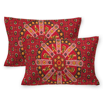Red Cotton Mandala Bedsheet for Double Bed with 2 Pillow Covers