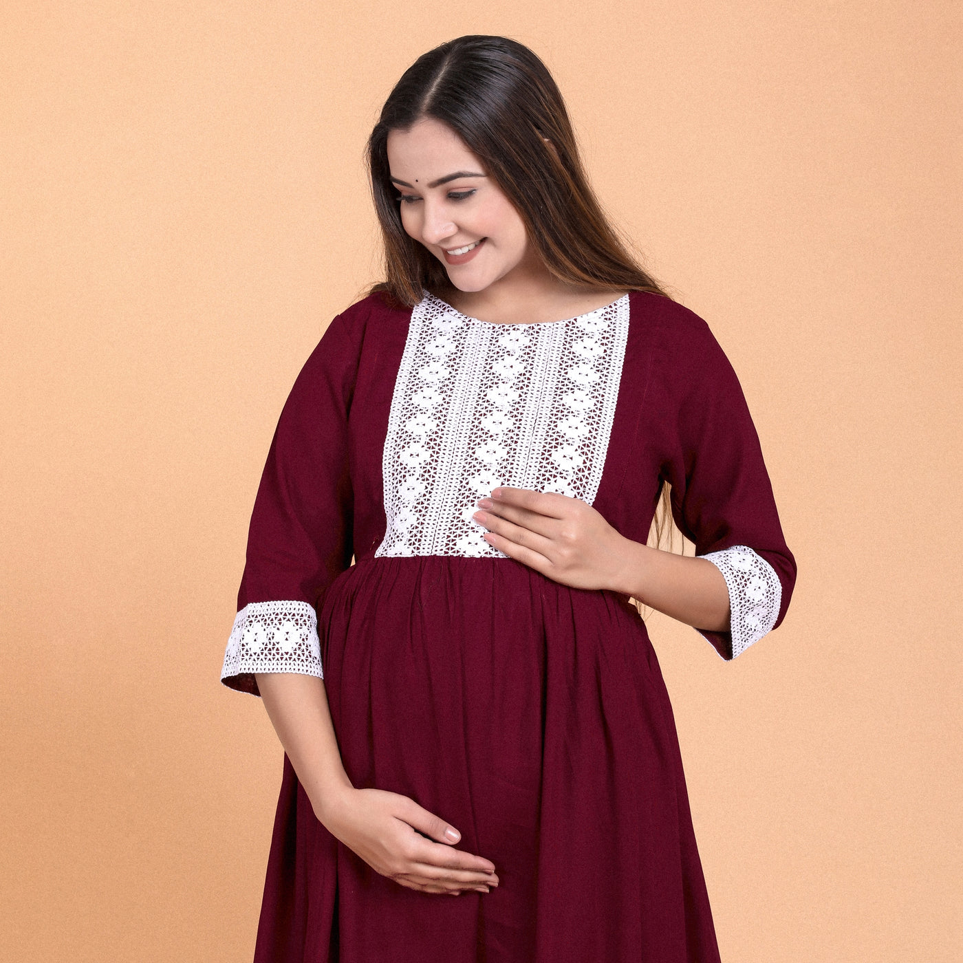 Maroon Rayon Lace Work Maternity Dress