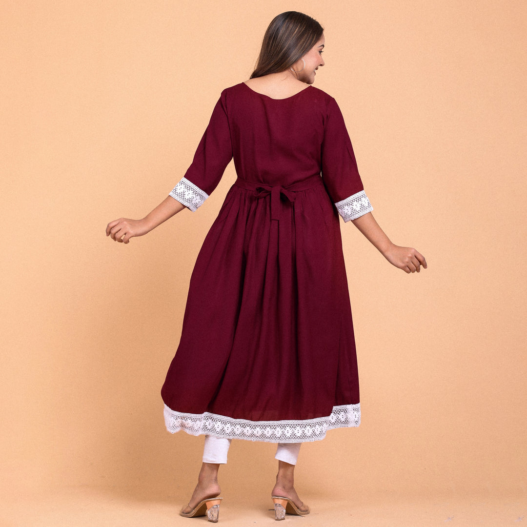 Maroon Rayon Lace Work Maternity Dress
