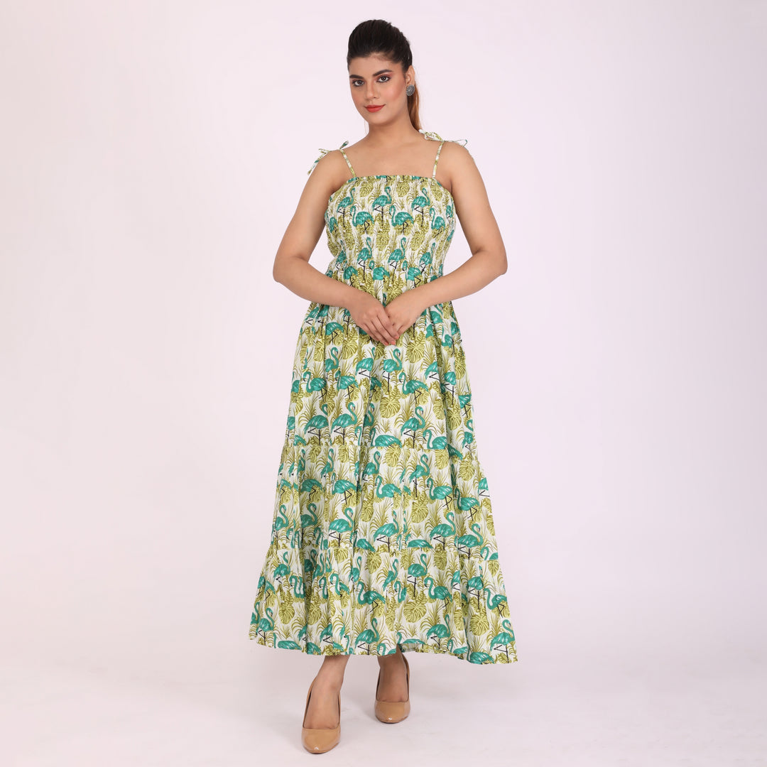 Green Duck Cotton Smocked Tiered Maxi Dress