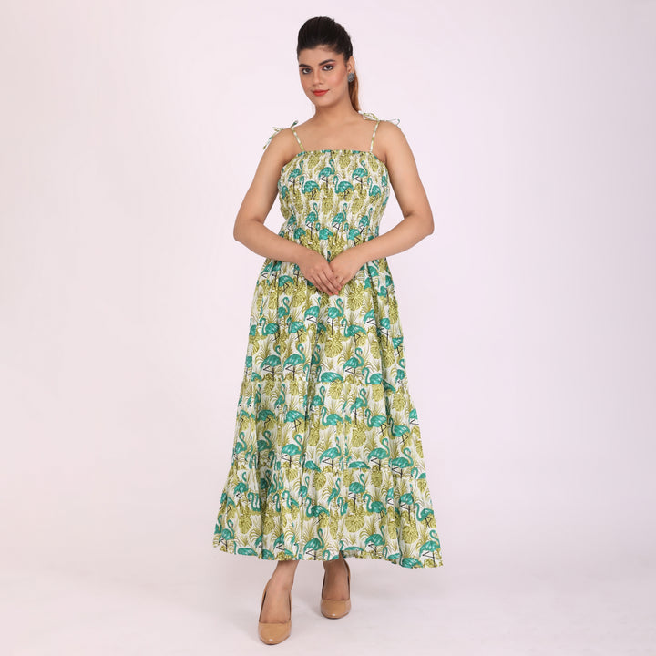 Green Duck Cotton Smocked Tiered Maxi Dress