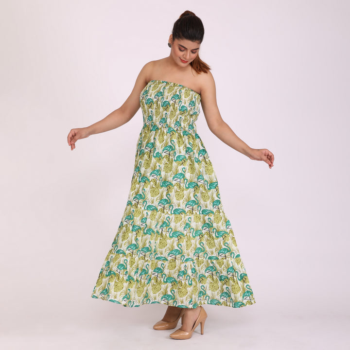 Green Duck Cotton Smocked Tiered Maxi Dress