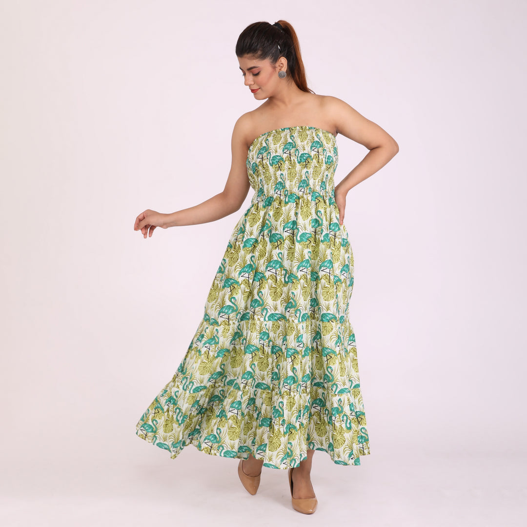 Green Duck Cotton Smocked Tiered Maxi Dress