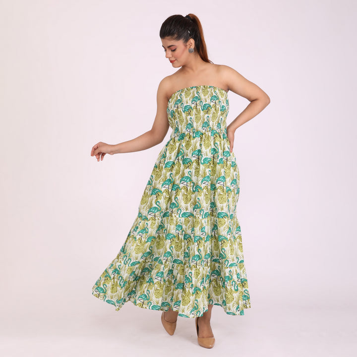 Green Duck Cotton Smocked Tiered Maxi Dress