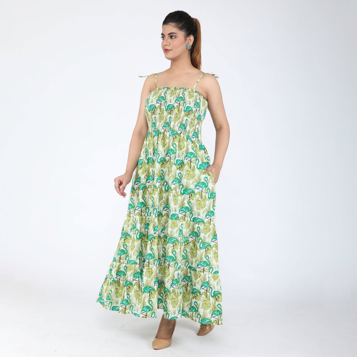 Green Duck Cotton Smocked Tiered Maxi Dress