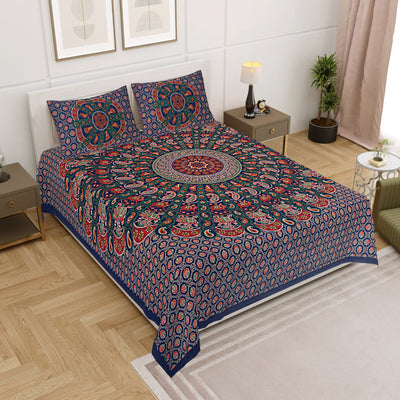 Blue Cotton Mandala Bedsheet for Double Bed with 2 Pillow Covers
