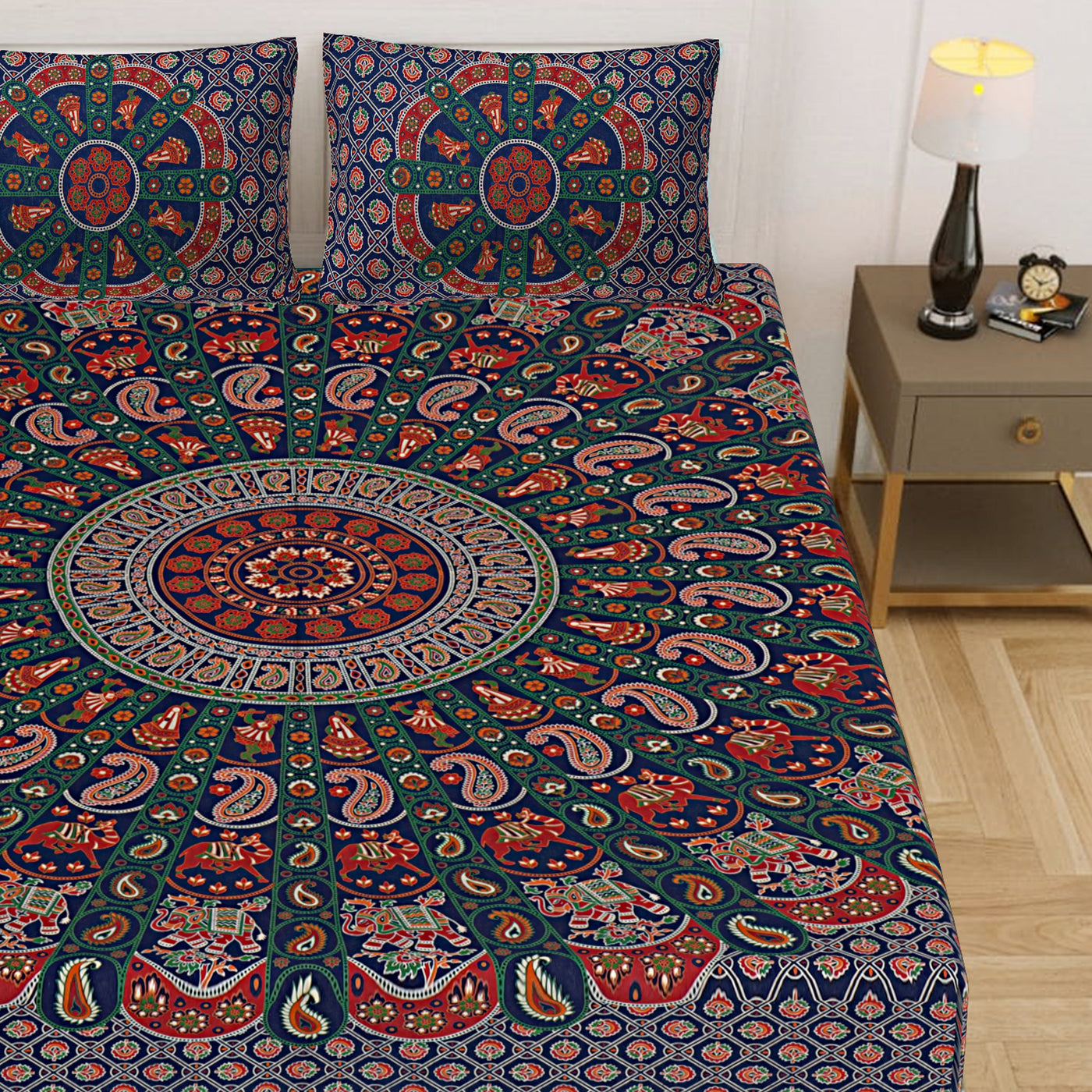 Blue Cotton Mandala Bedsheet for Double Bed with 2 Pillow Covers