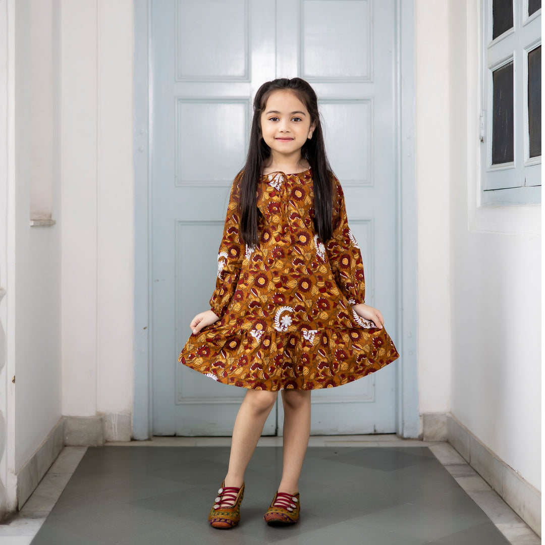 Cotton Mustard Floral Embroidered Mom and Daughter Dresses